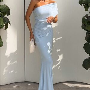 Mardi powder blue asymmetric maxi dress with ruching